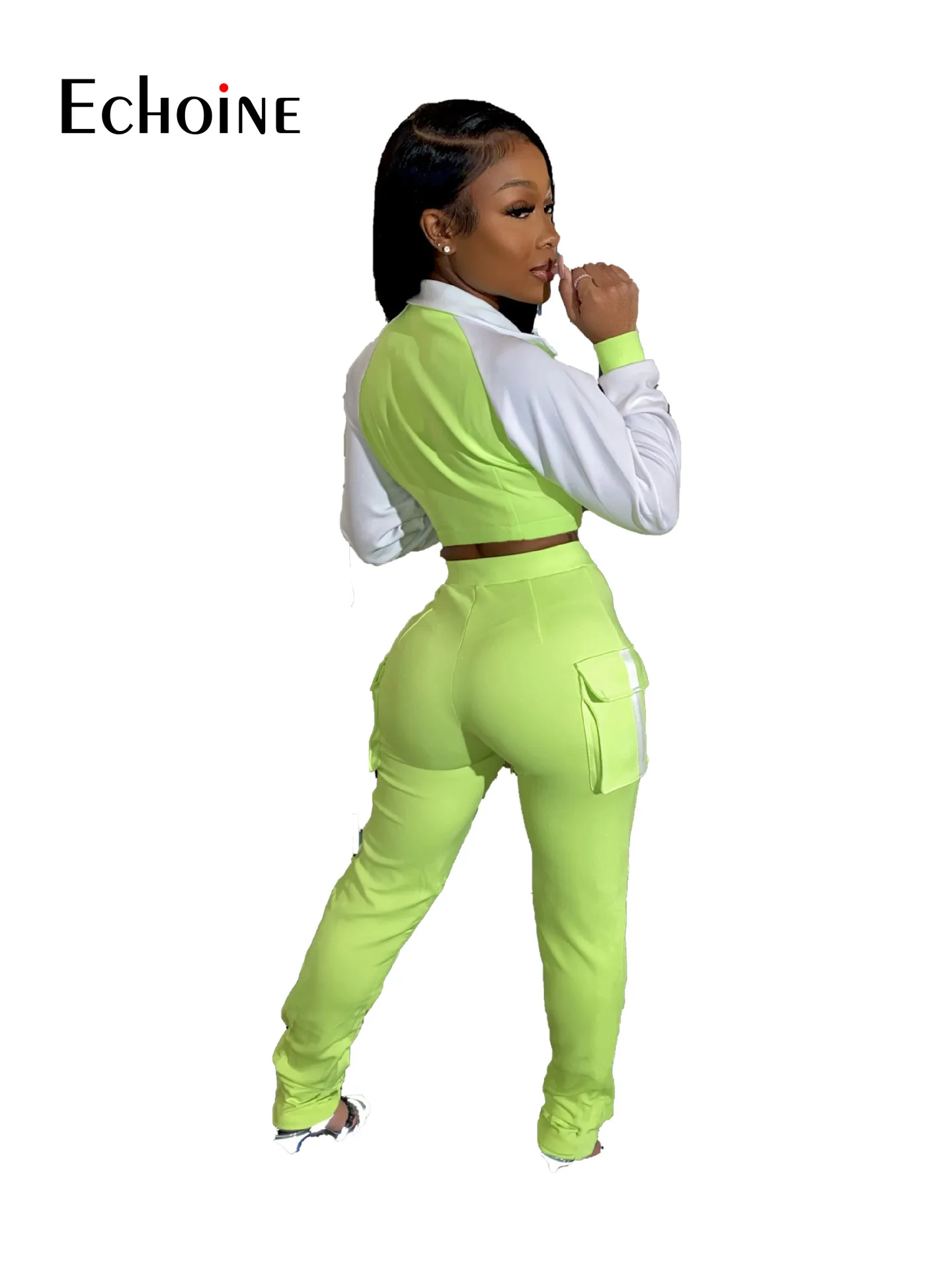 

Echoine Women Autumn Casual Sportwear Patchwork Two Piece Set Zipper Tops Pocket Jogger Pants Suit Tracksuit Matching Set Outfit