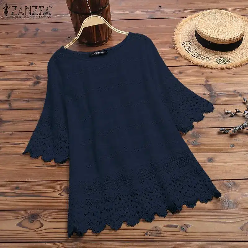 Elegant Lace Tops Women's Embroidery Blouse 2022 ZANZEA Summer Hollow Blusas Female Long Sleeve Shirts Solid Tunic Plus Size |