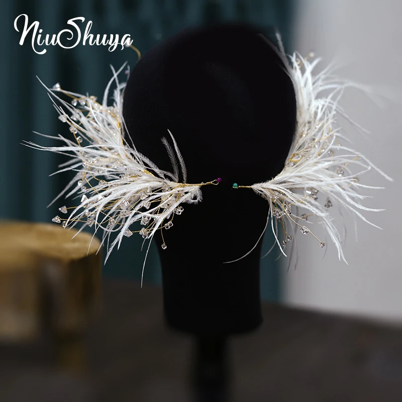 

NiuShuya Lovely Bridal Feather Headdress Handmade Crystal Side Clip Hair Accessories Super Fairy Wedding Women's hair Accessorie