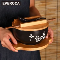 japanese retro big bowl soup bowl rice bowl mat japanese black ceramic instant noodle bowl with lid spoon chopsticks