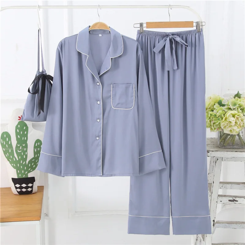 

Yellow 2PCS Pajamas Suit Women Turn-down Collar Shirt&Pant Sleepwear Casual With Cloth Bag Home Wear Autumn Faux Silk Nightwear