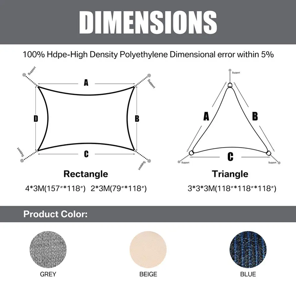 Прямоугольный тент от солнца HDPE защита ультрафиолета 185 г/м2 дышащая сетка для