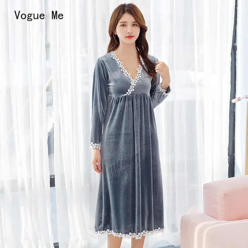 

Autumn/winter Gold Velvet Nightgowns Sleepshirts Pijamas Ladies Warm Lace V-neck Long-sleeved Sleepwear Home Clothes