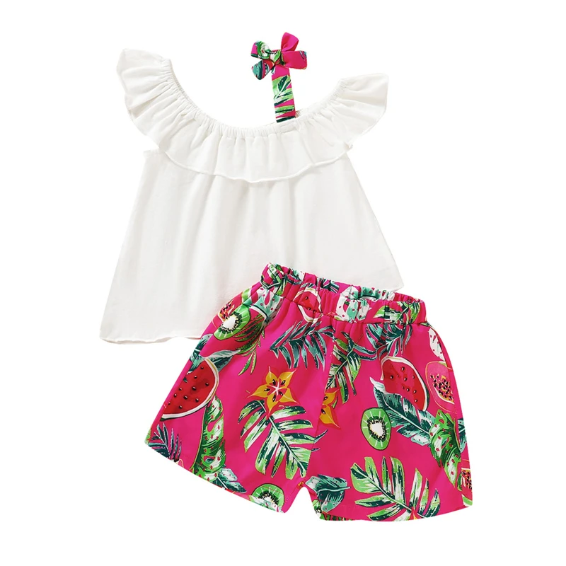 

Милое детское платье для девочек; Летняя одежда для девочек однотонная Цвет кружевные майки на лямках + шорты в тропическом стиле Комплект о...