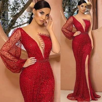 elegant beaded prom dresses one shoulder long sleeve deepp v neck sexy sheer pageant gowns red side slit women evening gowns