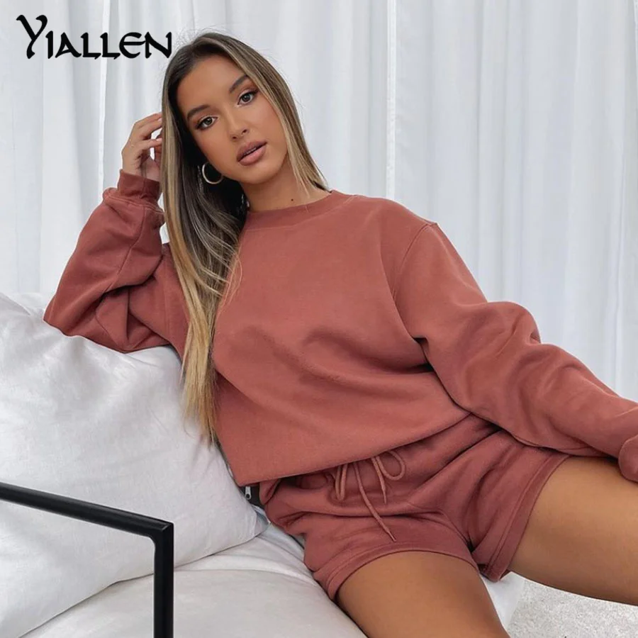 

Yiallen Autumn Cotton Solid Two Piece Set Women Early Casual O-Neck Sweater+Drawstring Sporty Shorts Classic Matching Outfit