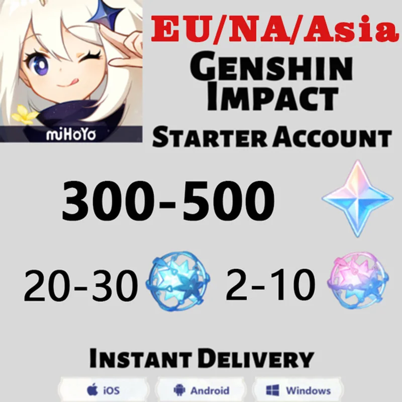 

EUROPE/ASIA/AMERICA Genshin Impact Reroll Starter Account AR20 70+ Pulls Starter account 4300+Gems 20+Fates Ganyu Hutao Jean etc