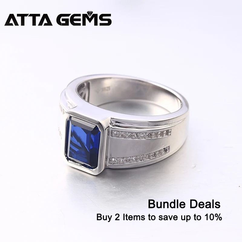 Blue Sapphire Sterling Silver Rings for Men Unisex Design Women's Wedding Band Created Sapphrie Faced S925 Classic Ring | Украшения и