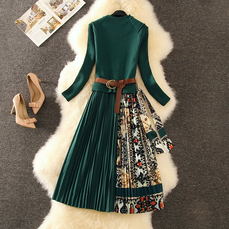 Женское трикотажное платье в стиле пэчворк элегантное плиссированное с длинным