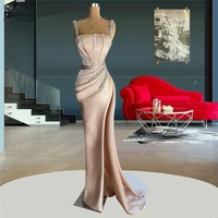 sexy square neck mermaid evening dresses crystals sleeveless bridal gowns african high split formal prom party robe de mari%c3%a9e
