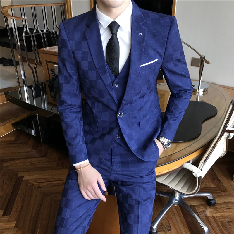 

2021 Spring and Autumn New High Quality Men's Lattice Splicing Single Breasted Business Leisure Slim Three-piece Wedding Suits