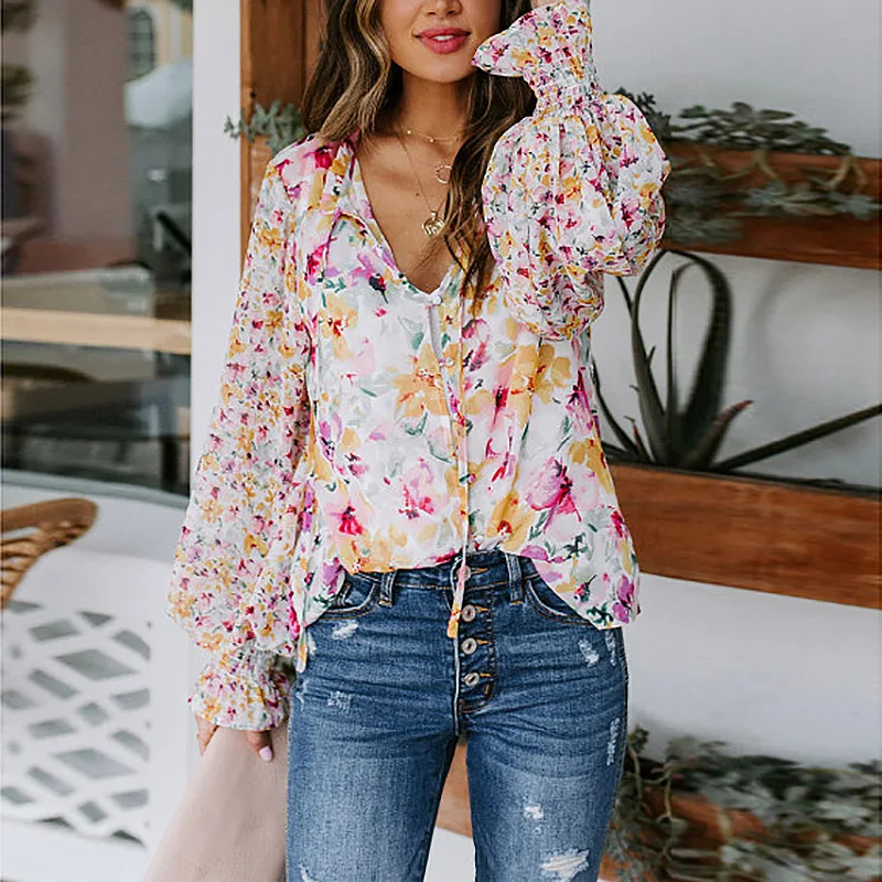 

Women's Printed Lantern Long Sleeve Casual Loose Shirt Turn-down Collar Ruffles Sexy & Club Chiffon Floral Women Tops
