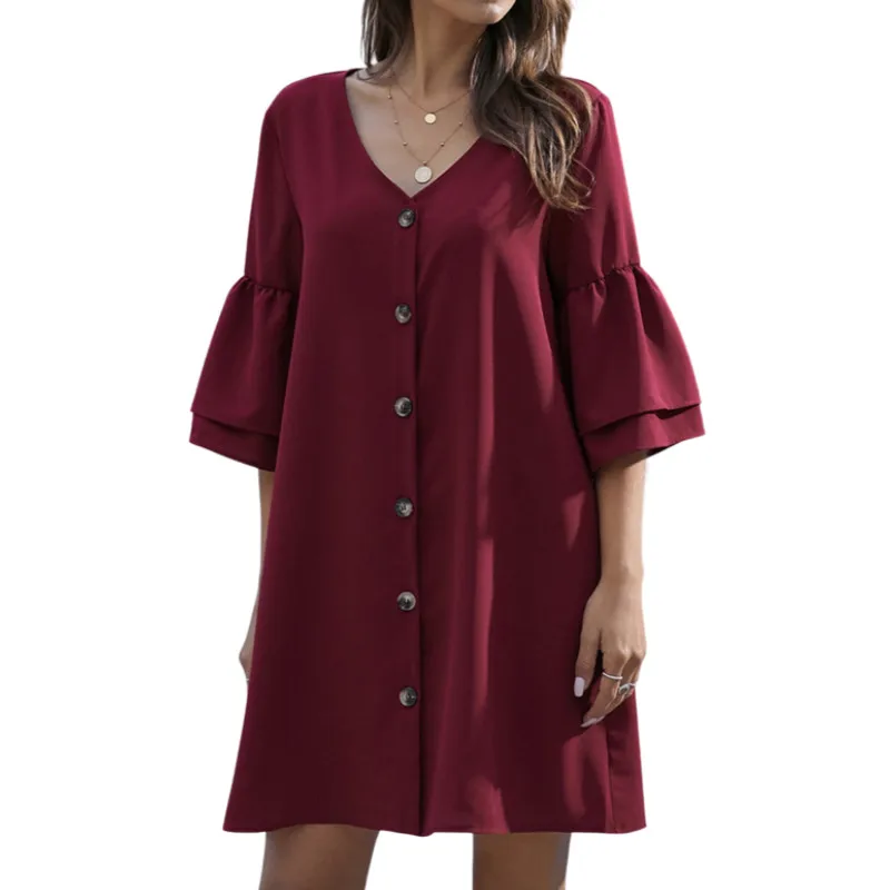 

Ladies Temperament Shirt Dress, Leisure Style Solid Color V-neck Three Quarter Sleeve Single-breasted Loose Short Skirt