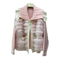 women lady knitted real fox fur coat peter pan collar single breasted sweater cardigan real fur overcoat pink