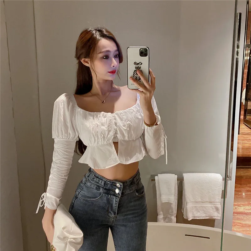 

Women Autumn Winter Long Sleeve White Blouse Female Sexy Slim Bubble Sleeve Short Shirt