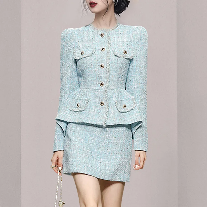 

Autumn And Winter New Office Lady Round Neck Long Sleeve Single Breasted Ruffles Print Patchwork Jacket +High Waist Skirt Suit