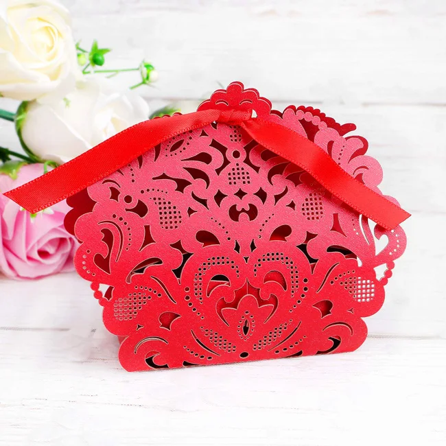 red METABLE 30 шт лазерная резка серебряные блестящие коробки с бордовыми лентами сувенир для свадебной вечеринки, свадебные подарочные пакеты шоколадные конфеты - Цвет: red