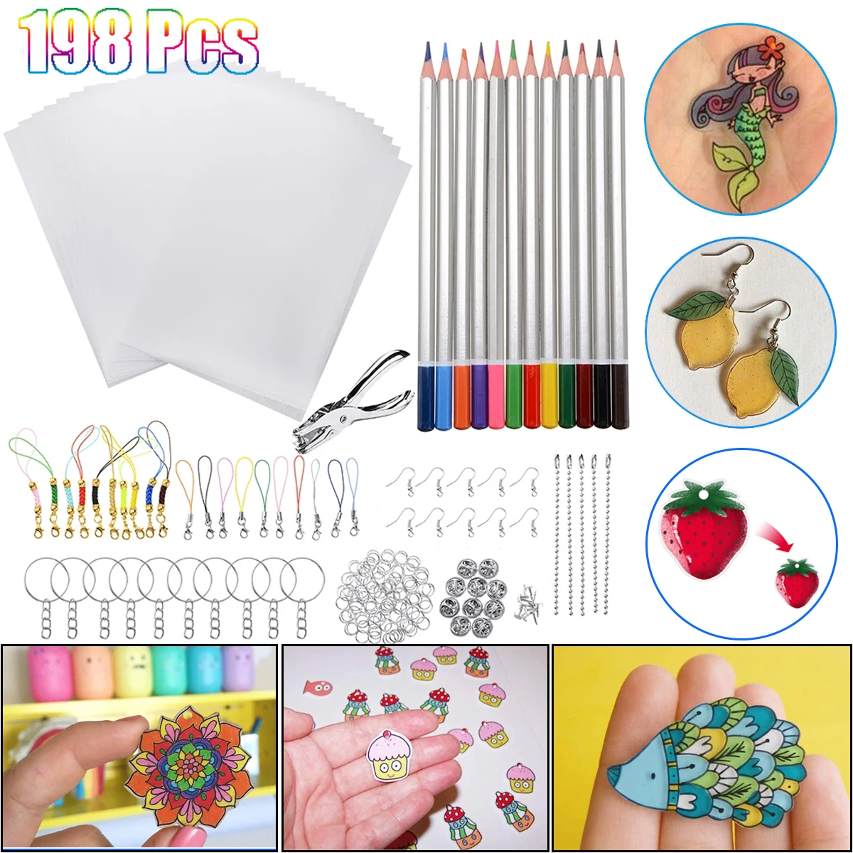 33/145/198 Pcs Heat Shrink Plastic Sheet Kit Shrink Art Film Paper Keychains DIY Drawing Art Crafts Set for Earring Jewelry