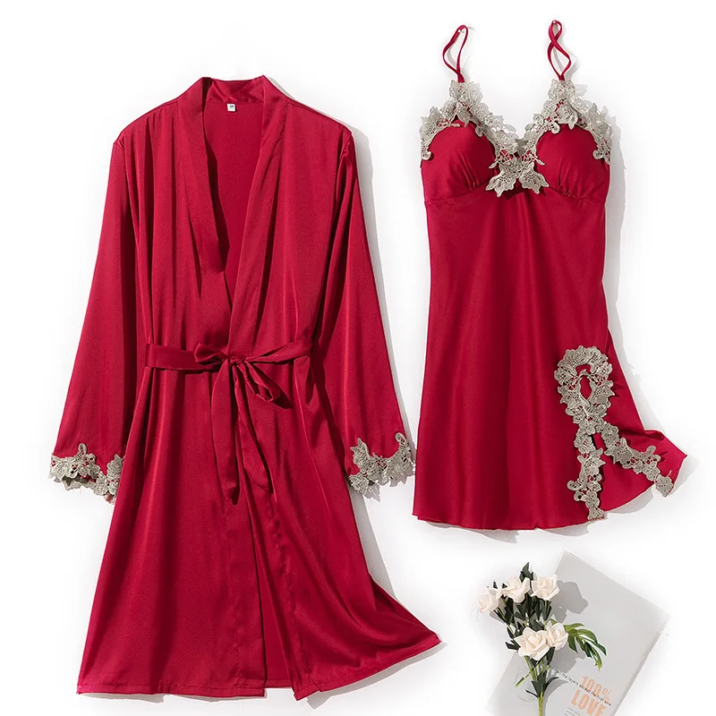 

Sexy Satin 2 Pieces Robe Set For Women Summer New Sleepwear Lace Kimono Bathrobe Gown Silky Intimate Lingerie Spring Nightwear