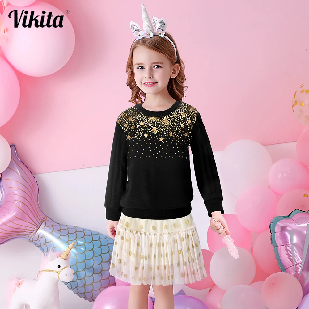 VIKITA 2PCS Kids Clothes Sets Winter Girls Sweatshirt +Tutu Skirt Long Sleeve Thick Children Tops For Toddler Warm Costume Suit