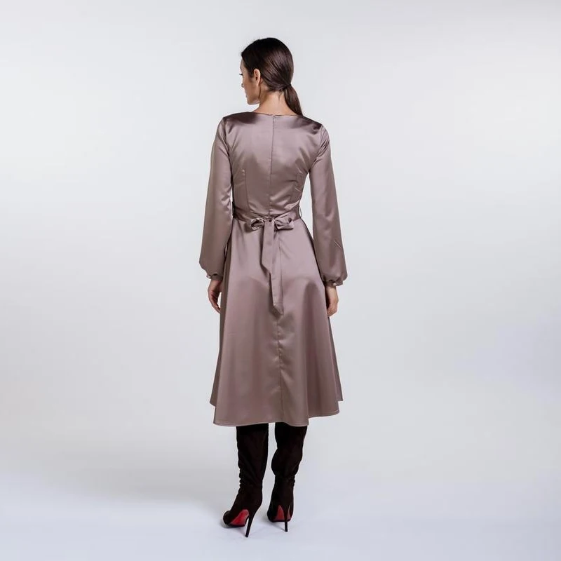 

Women Vintage Solid Satin Sashes Long Dress O Neck Lantern Sleeve Elegant Casual Party Dress 2021 Spring New Fashion Women Dress