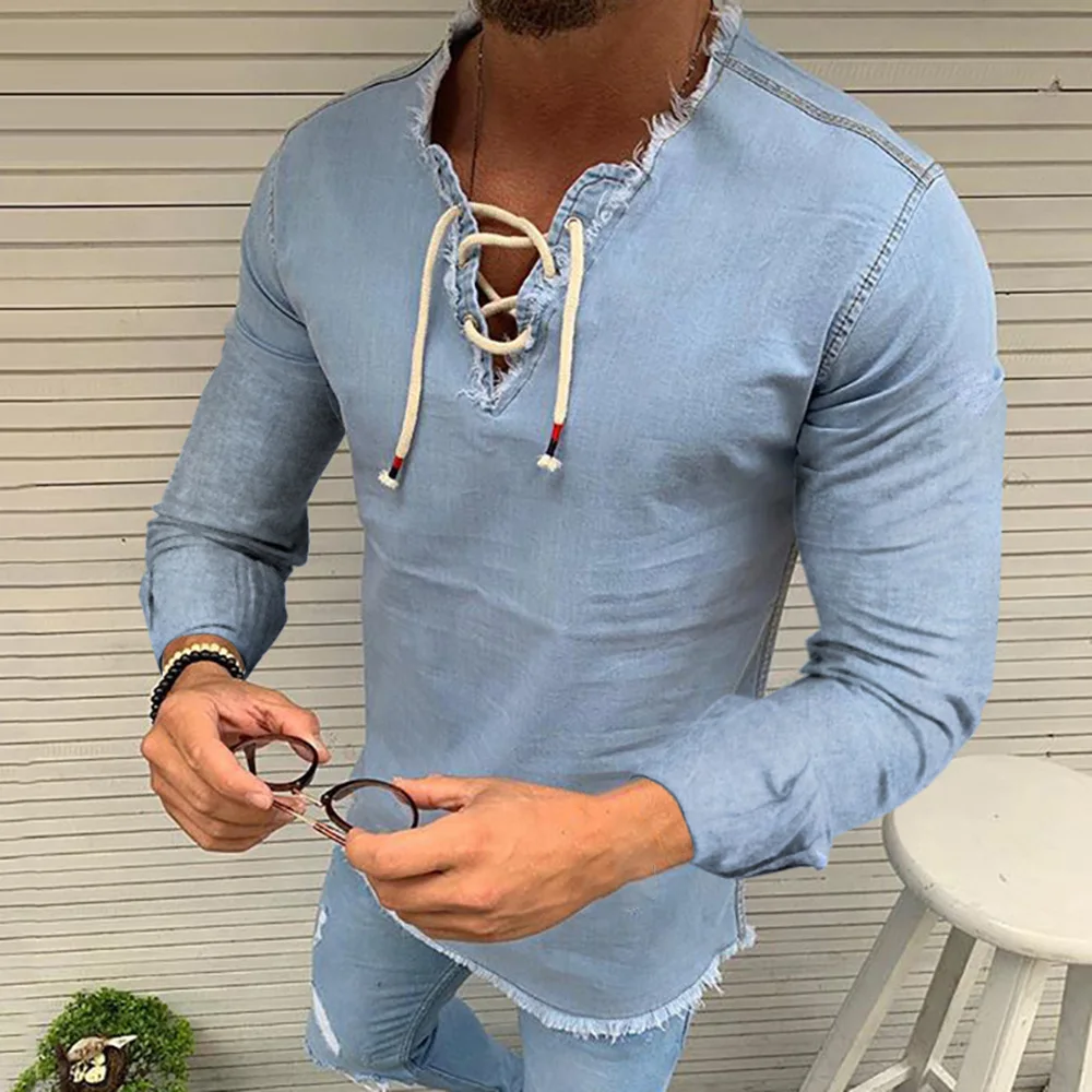 

Men's Long Sleeve Denim V-Neck T-Shirt Casual Denim Blouse Shirts Pullover Top Long Sleeves Vintage Style All-match Fashion 2021