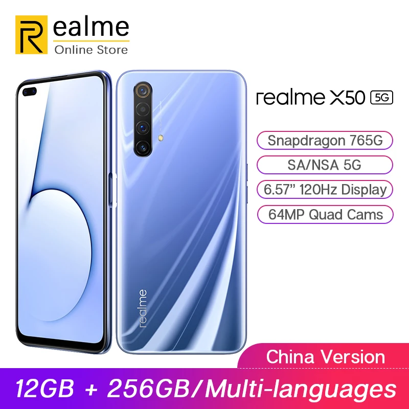 Оригинальный мобильный телефон realme X50 5G 12GB 256GB 6 4 ''Snapdragon 765G 64MP Quad Cam OPPO VOOC 30W