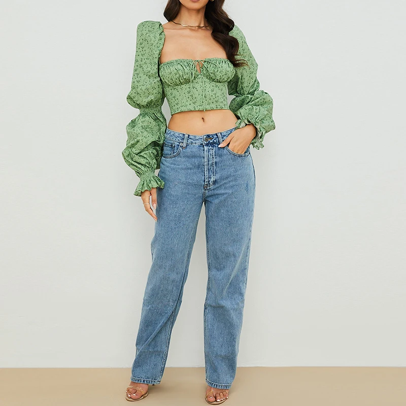 

Women's Bohemian Style Long Puff Sleeve Top Women's Square Collar Green Holiday Chic Short Top Summer Floral Print Cropped Top