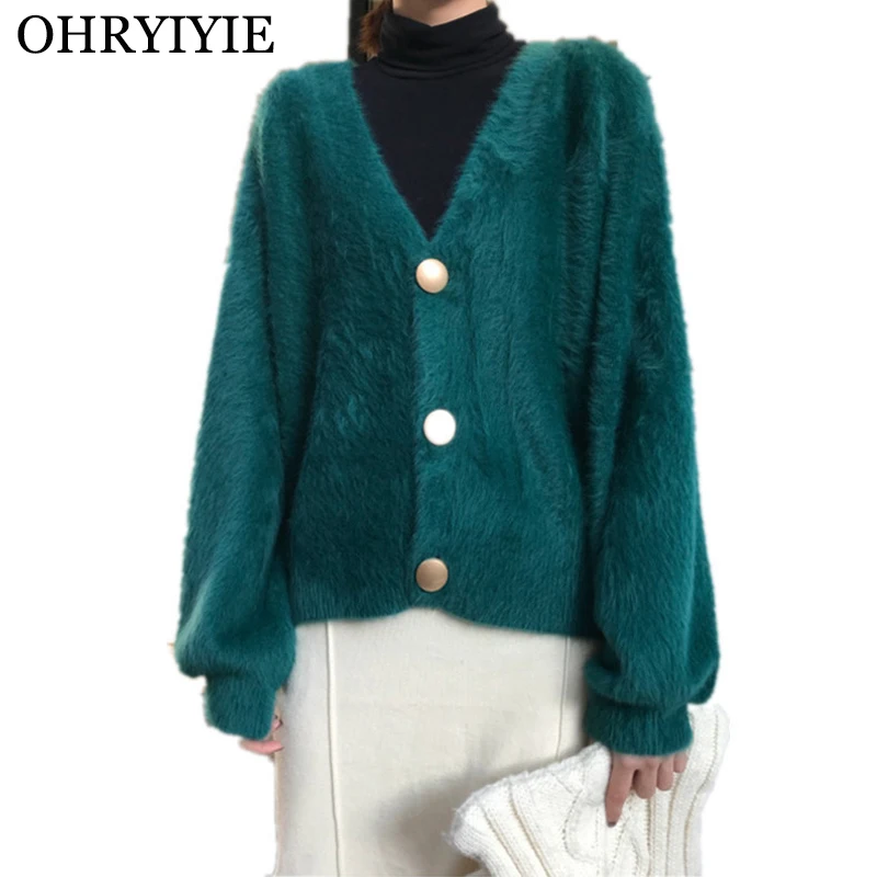 

Свитер OHRYIYIE Женский, зеленый, норковый кардиган, весна-осень 2020, свободный однобортный вязаный свитер, женский топ, пальто, женский