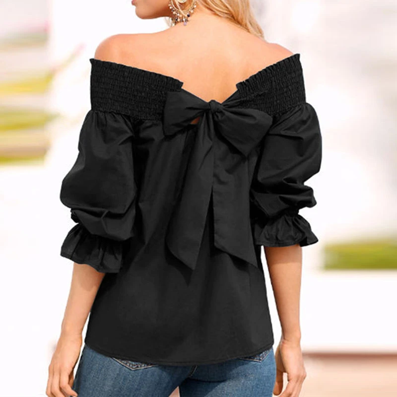 

Sexy Off Shoulder Spring Summer Strapless Blouse Women Bowknot Tops Slash Neck Shirts Casual Loose Blusas 2022