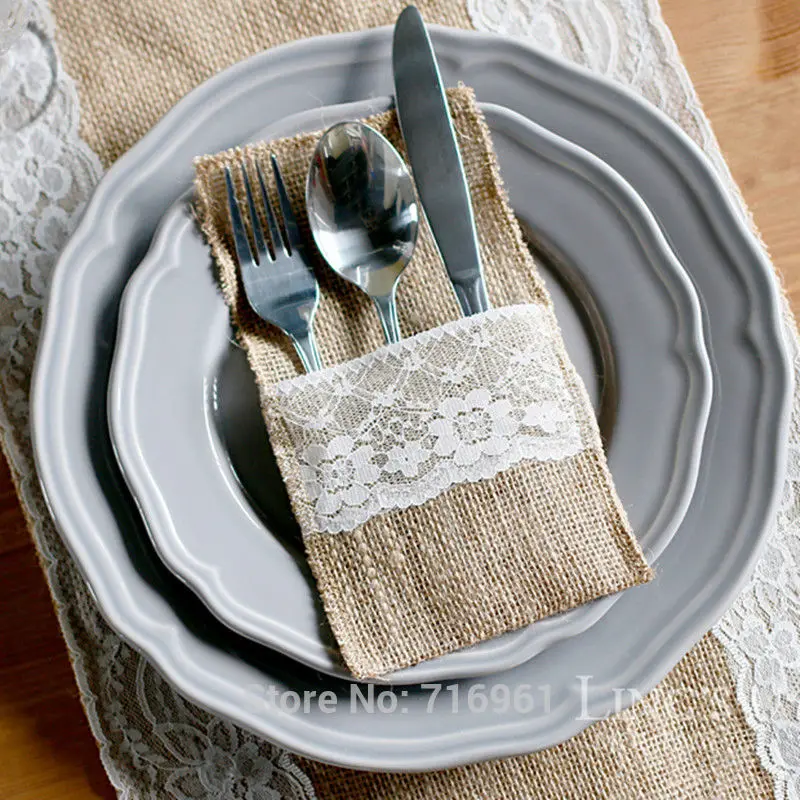 Набор из 10 предметов джутовая кружевная вилка с мешковиной и карманами серебра