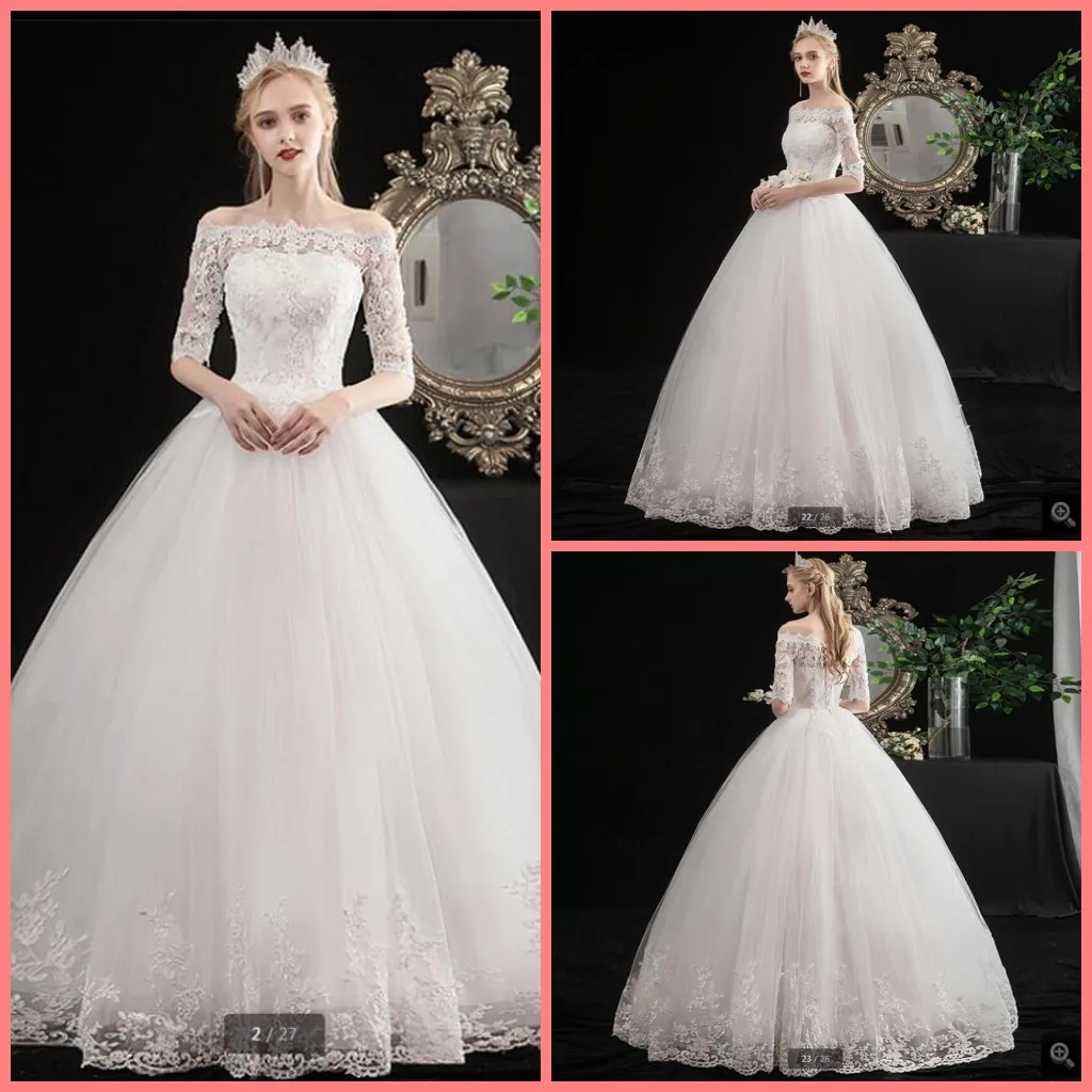 

Женское свадебное платье, белое фатиновое бальное платье с открытыми плечами и рукавом до локтя, кружевное винтажное платье с аппликацией, ...