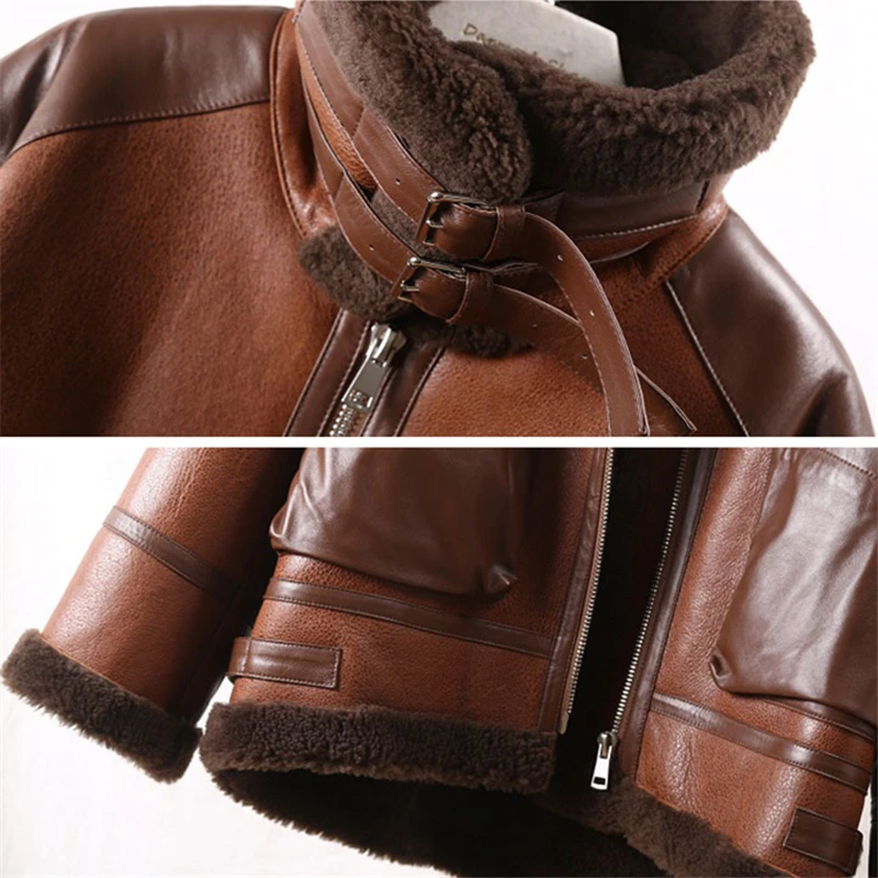 Winter Lamb Fur Bomber Real leather Jacket Women New Sheepskin Double Face Shearling Coat Oversized Genuine Leather Jackets