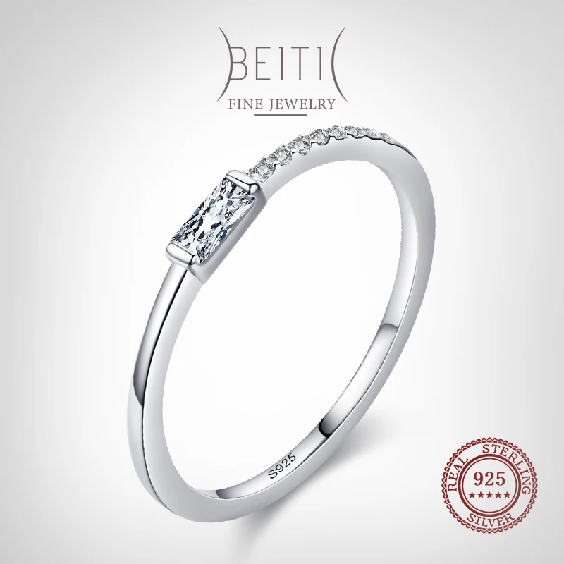 

Beitil 925 Sterling Silver Simple Rectangle Stackable Finger Ring For Women Girl Minimalist Dazzling Clear CZ Fine Jewelry