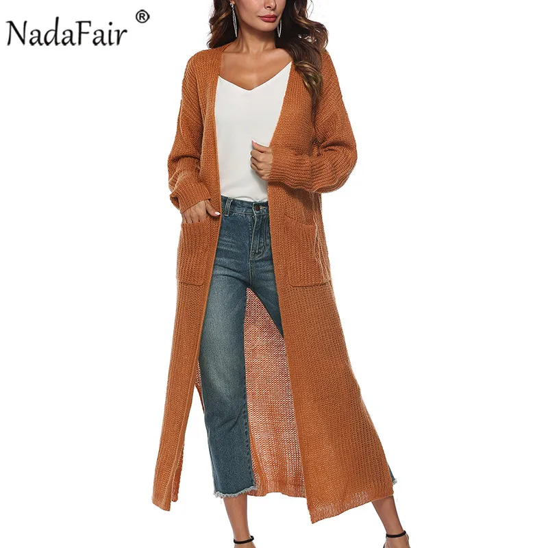 Nadafair свитер, длинный женский кардиган, осень, с карманами, однотонный, тонкий, Повседневный, зимний, размера плюс, вязаный кардиган
