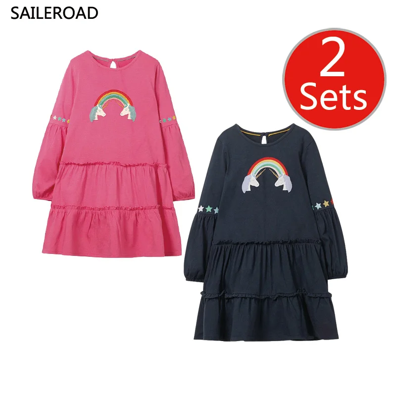 

SAILEROAD/2 комплекта для девочек с единорогом платье принцессы с длинными рукавами для девочек Хлопковое детское праздничное платье, костюм ко...