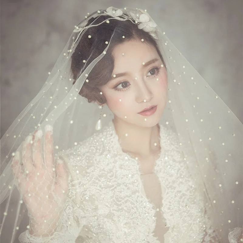 

TOPQUEEN V02 Veu Bride Short Wedding Veil for Face Pearls Beaded bridal veil without Comb Short Bridal Veils White Ivory Veil