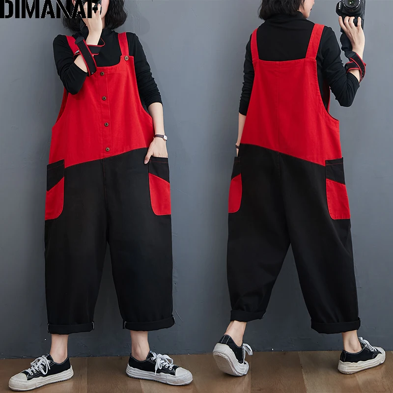 DIMANAF Plus Size Women Jumpsuits Overalls Jeans Long Pants Trousers Autumn Winter Streetwear Clothing Loose Casual Spliced Red