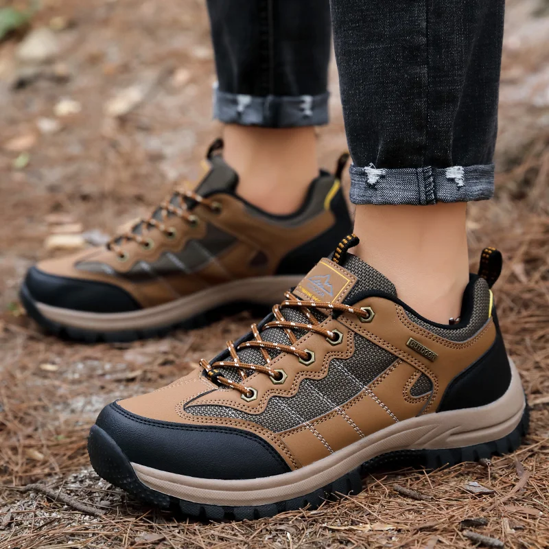 

Men's Spring Autumn Leather Stitched Large Size Mountaineering Shoes Anti Slip Wear-Resistant Walking Shoes Outdoor Casual Shoes