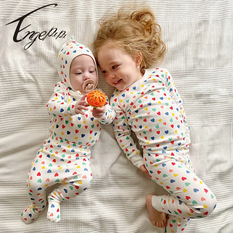 Engepapa impresi&oacute;n amor beb&eacute; reci&eacute;n nacido camisa de manga larga + polainas 2 uds de algod&oacute;n suave dulce pijamas ropa de entre Casa ropa infantil ropa-0