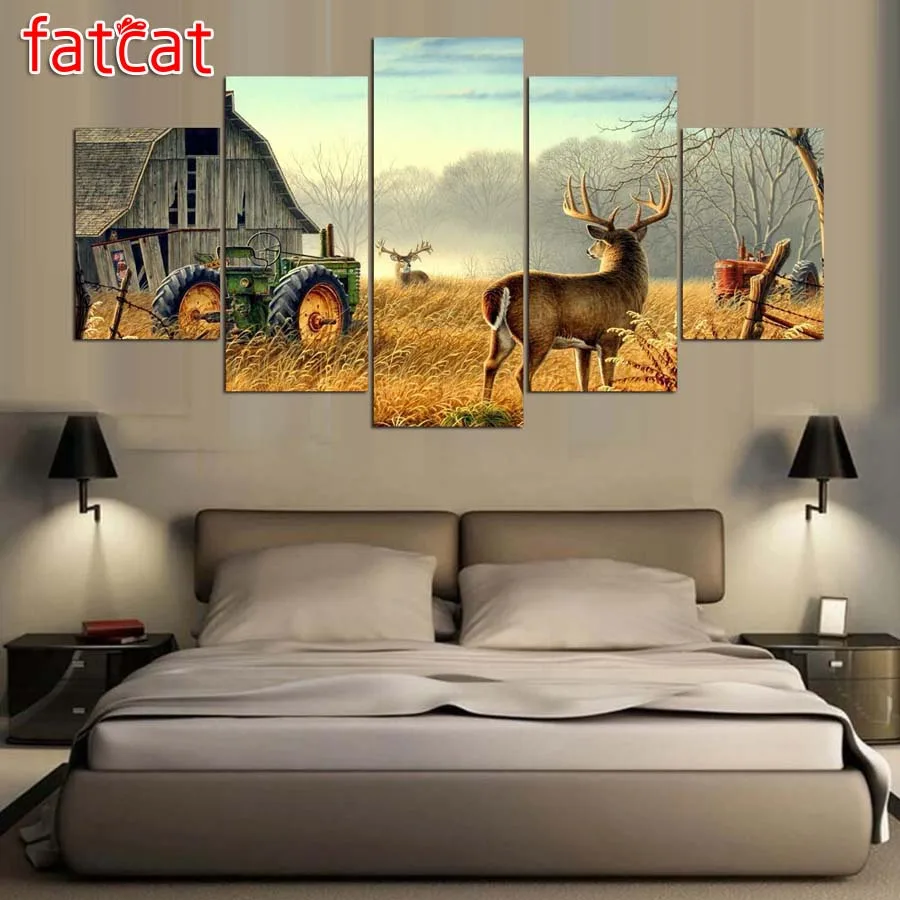 

FATCAT 5 Pieces Diy Diamond Painting Animal Whitetail Deers On Farm wood house Tractor Full Diamond Embroidery Sale Decor AE827