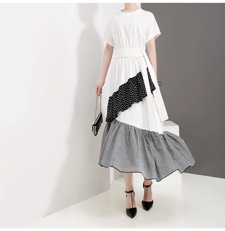 [EAM] New Spring Summer Round Neck Short Sleeve Hem Dot Irregular Plaid Printed Loose Dress Women Fashion Tide JT0880