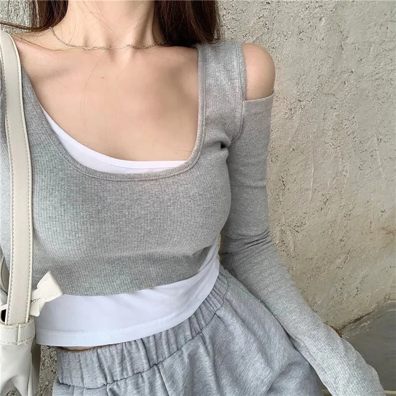 

Футболка женская с длинным рукавом, укороченный топ с открытыми плечами, облегающая пикантная уличная мода в стиле Харадзюку, Ретро футболк...