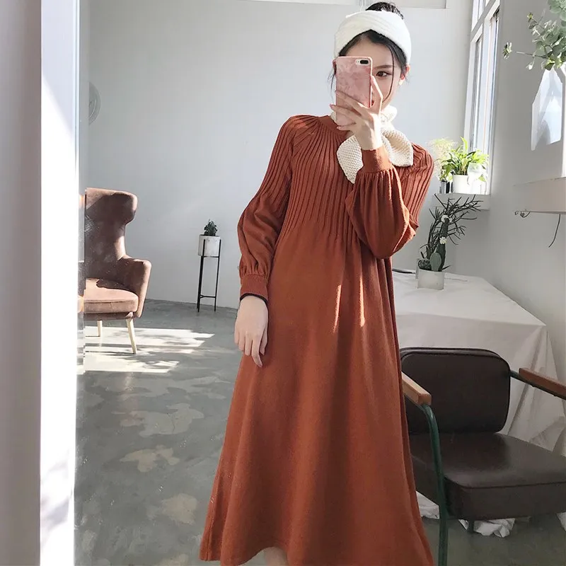 Осеннее шикарный вязаный Ретро платье с v образным вырезом и длинными рукавами