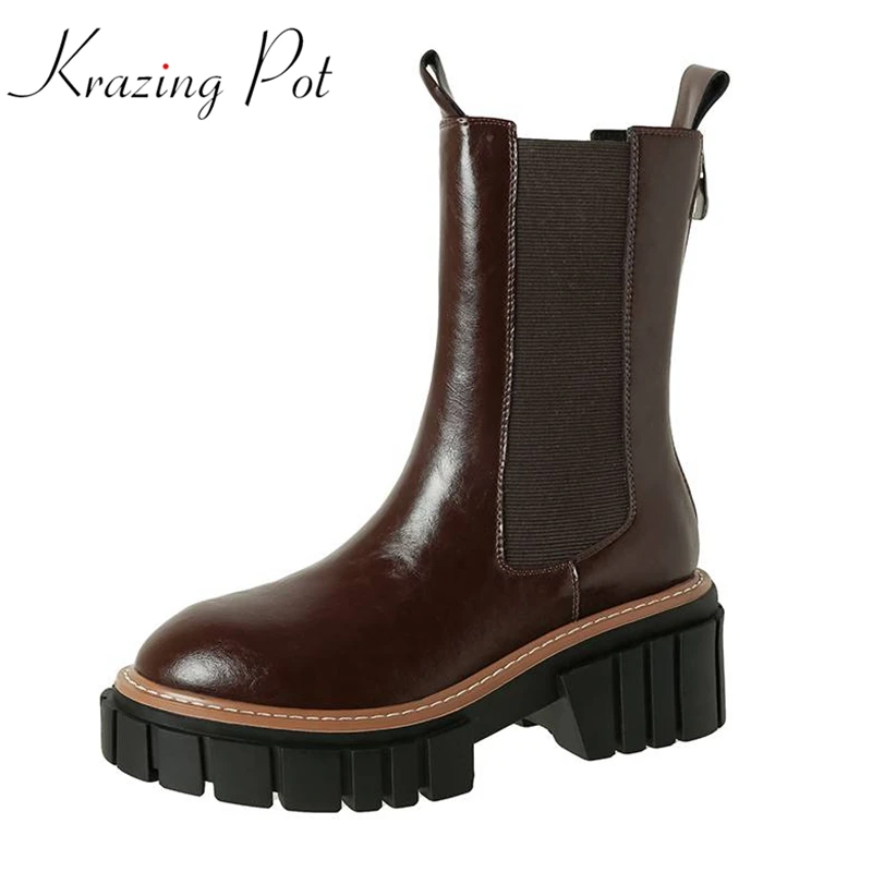 

Krazing Pot cow leather western boots round toe thick high heels heroic European design waterproof catwalk big size ankle boots