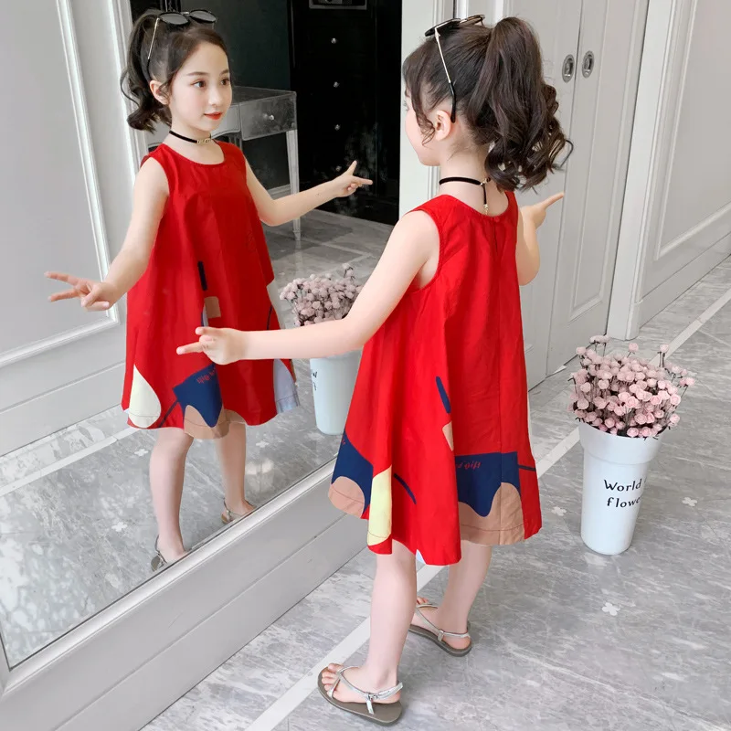 

Girl' S Dress Summer Thin Casual Dress 2021 Graffiti Children's Clothing Beach Dress Sleeveless Princess Dress Girl Print Skirt