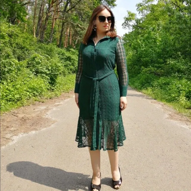 Женское платье с поясом винтажное длинным рукавом | Женская одежда