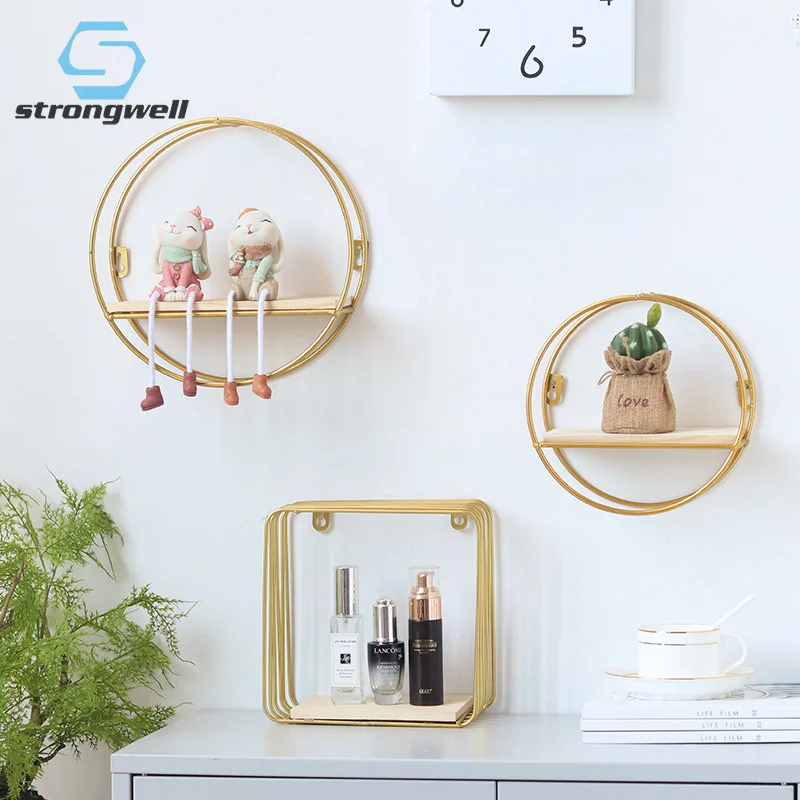 Strongwell Скандинавская железная круглая Золотая настенная полка стеллаж для