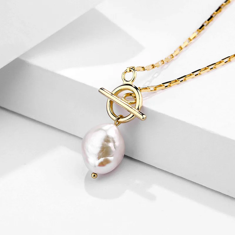 

2022 Fashion Jewelry S925 Sterling Silver 18K Gold Plated Chain Toggle Clasp Irregular Baroque Pearl Pendant Necklace For Women