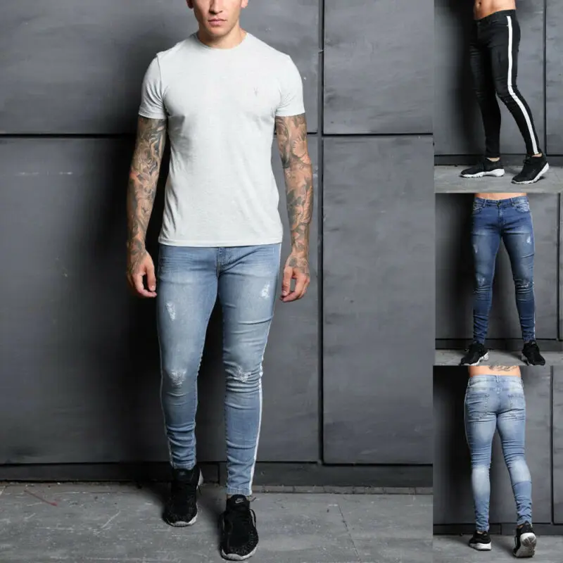 

Men Skinny jeans Pant Casual Trousers 2020 denim black jeans homme stretch Side Striped pencil Pants fit streetwear 3XL